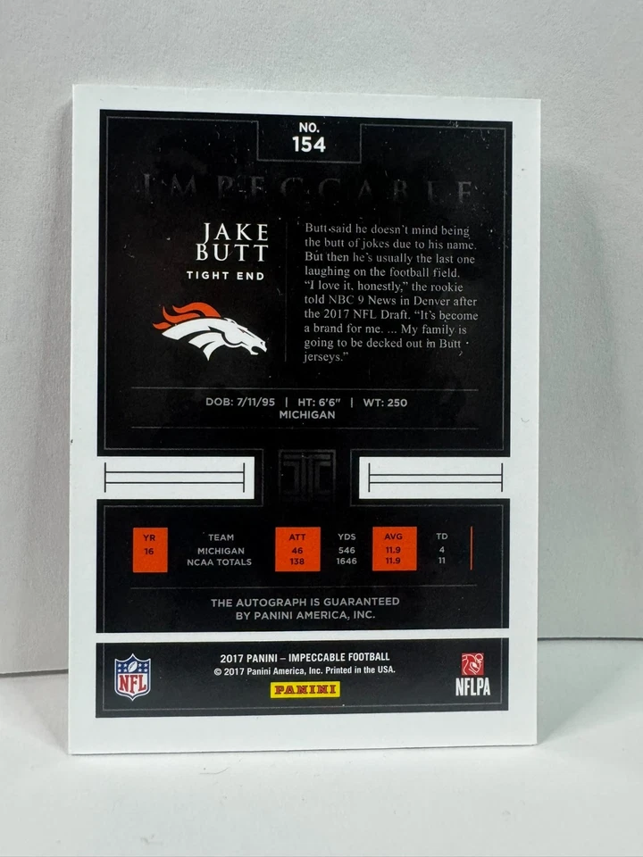 2017 Impeccable Jake Butt Rookie Autograph #49/75 (RC, AU) - Image 2 of 2