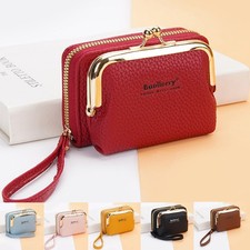 Women's Leather Wallet Metal Frame Double Clasp Card Holder Ladies Coin Purse