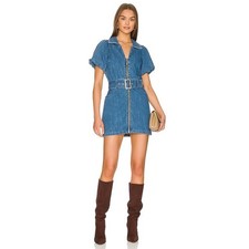 Show Me Your Mumu Denim Mini Dress Puff Sleeve Belted Zip Front Blue XXL NWT