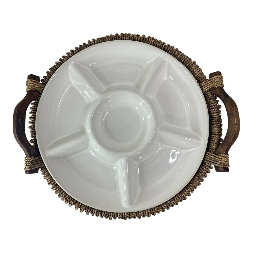 Vintage Porcelain 6-Section Vegetable & Dip Bowl Woven Basket & Wooden Handles - Image 2 of 4