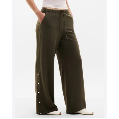Athleta MVP Mid Rise Snap Pant Olive Green Wide Leg Size Large Petite LP