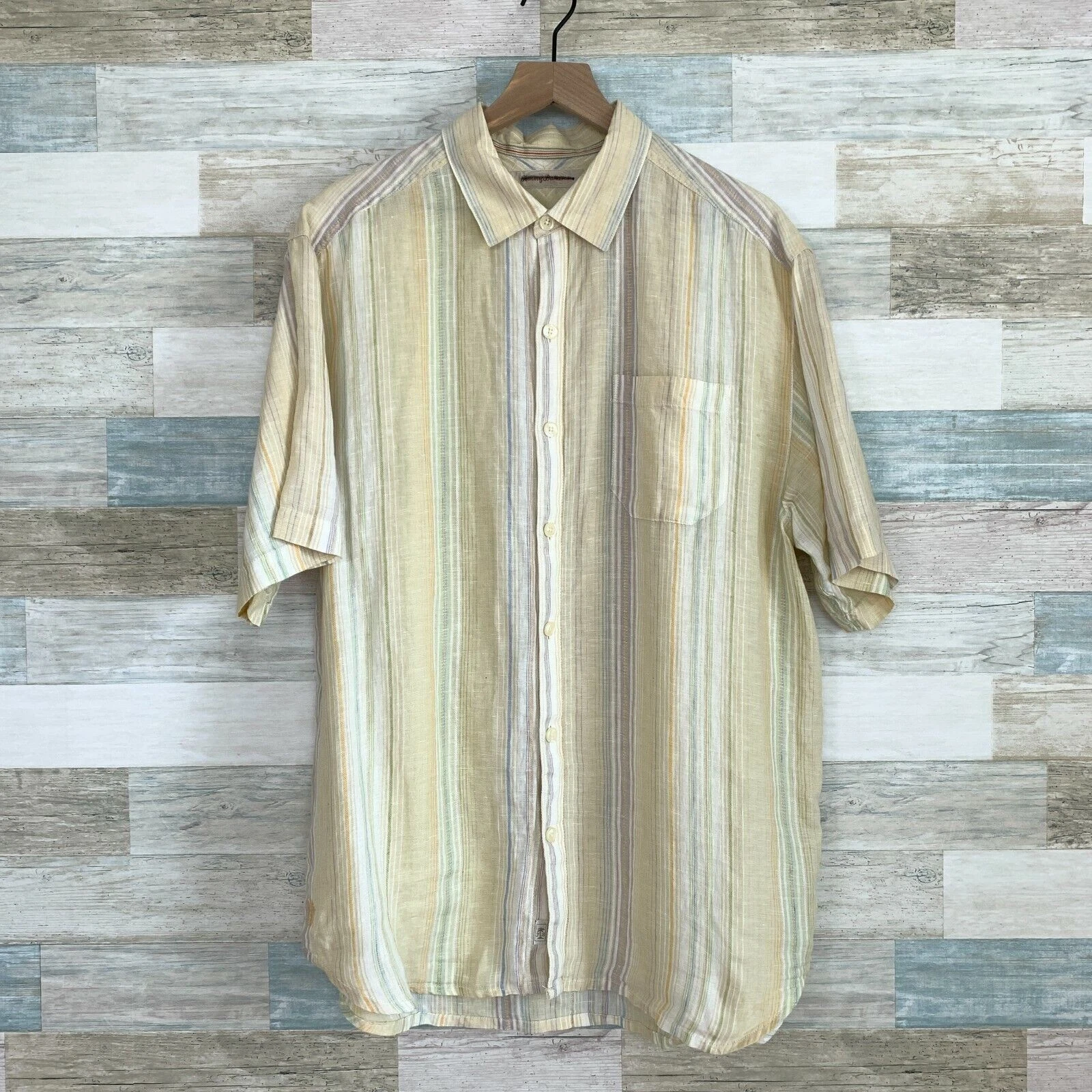 Tommy Bahama Linen Camp Shirt Yellow Striped Relaxed Fit Casual Mens Large