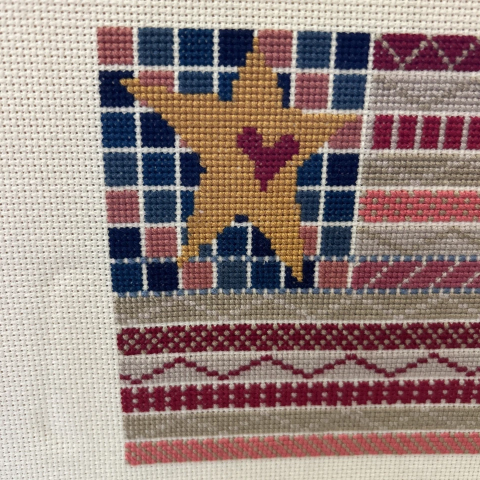 Folk Art Flag  cross stitch project on canvas stars & stripes Patriotic Framed - Image 2 of 4