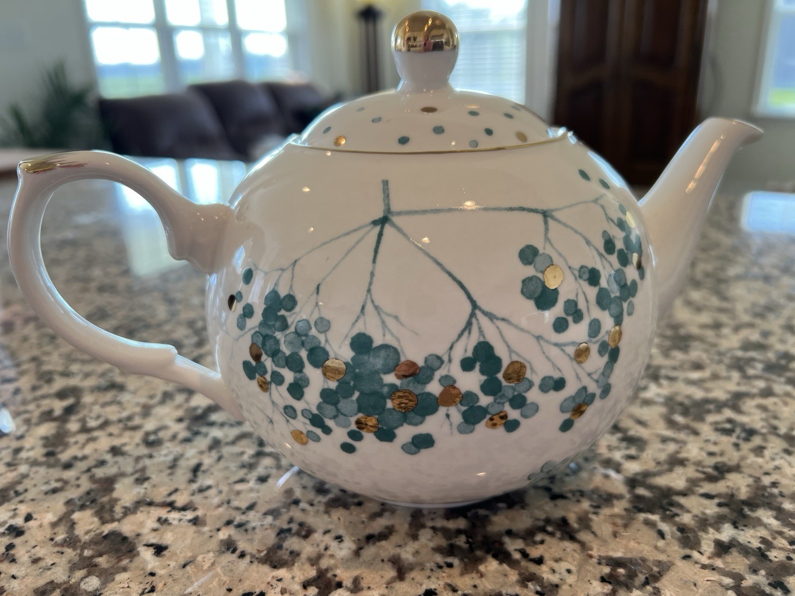 Grace's Teaware Teal & Metallic Gold Floral Print On White Teapot