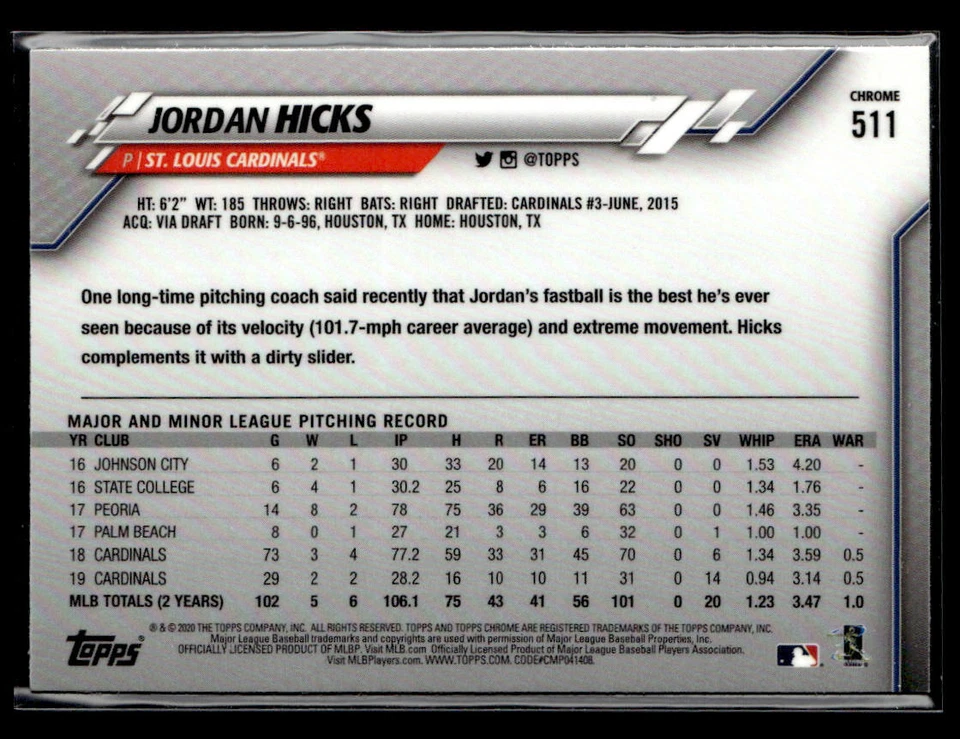 2020 Topps Chrome Sapphire Edition #511 Jordan Hicks Card St. Louis Cardinals - Image 2 of 2