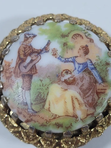 Vintage Hand-painted Porcelain Brooch Pendant 1940's Lover's Design Jewelry