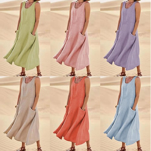 Plus Size Womens Cotton Linen Midi Dress Sleeveless Summer Beach Kaftan Sundress - Picture 8 of 20