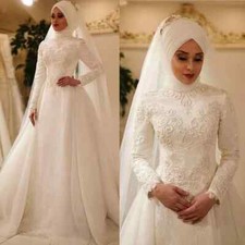 Classic A Line Women Wedding Dress High Collar Long Sleeves Muslim Bridal Gowns