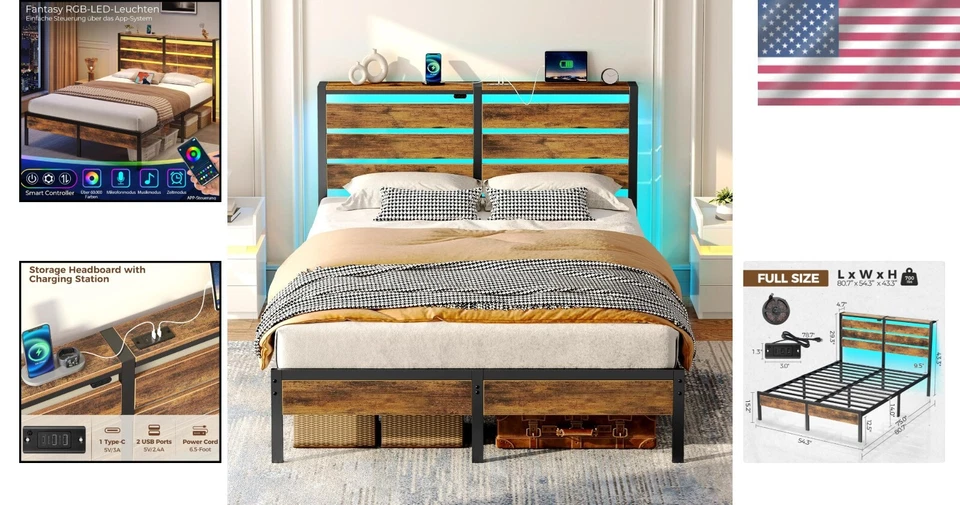 Marco de cama multifuncional tamaño completo con iluminación LED y estación de carga USB Foto 2 de 4