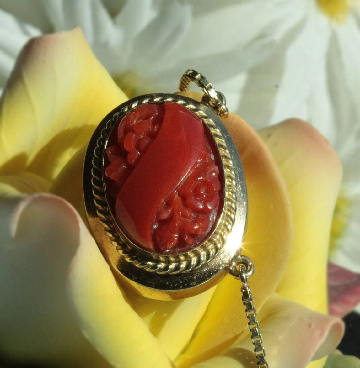 Vintage 14K gold Large Carved AKA Cora Oxblood Red Coral Pendant