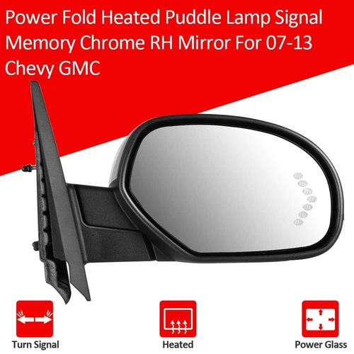 Power Fold Heated Puddle Lamp Signal Memory Chrome RH Mirror For 07-13 Chevy GMC