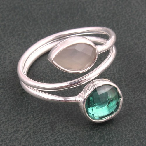 Colorful Hydro Quartz Chalcedony Silver Plated Double Wire Adjustable Rings - Picture 10 of 17