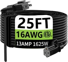 Indoor Outdoor Black Extension Cord 25 Ft Waterproof, 16/3 Gauge Flexible Cold-R