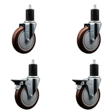 5 Inch Maroon Poly Wheel Swivel 1-3/4 Inch Expanding Stem Caster Set 2 Brakes