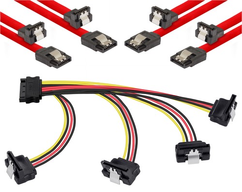 Sata 3 Kabel Set (gerade-90°), 4x 50cm Datenkabel rot + 20cm 4-Fach Y-Stromkabel - Bild 1 von 4