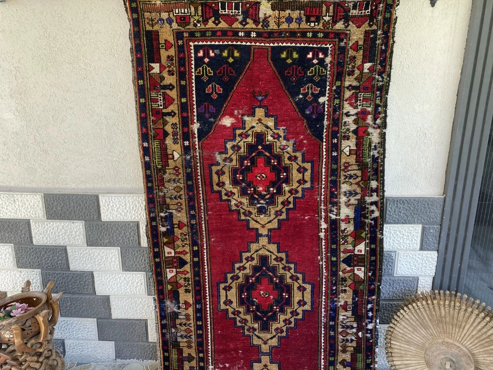 Vintage Turkish Tribal Rug | 3 x 9 ft Farmhouse Hand-Knotted Wool Geometric Rug - Image 2 of 4