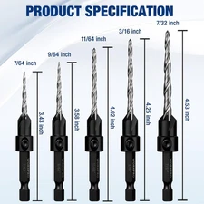 WORKPRO 5-Pack Countersink Drill Bit Set Adjustable with Included Hex Key New