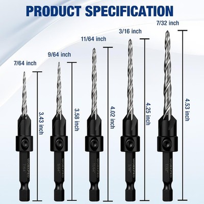 WORKPRO 5-Pack Countersink Drill Bit Set Adjustable with Included Hex Key New