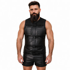 Mens Genuine Leather Vest Black Gay Motorcycle Vest Tactical Steampunk Gothic