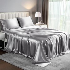 HENGWEI Satin Sheet Set Cal King Size, 4 Pieces Silky Bed Sheets with Deep