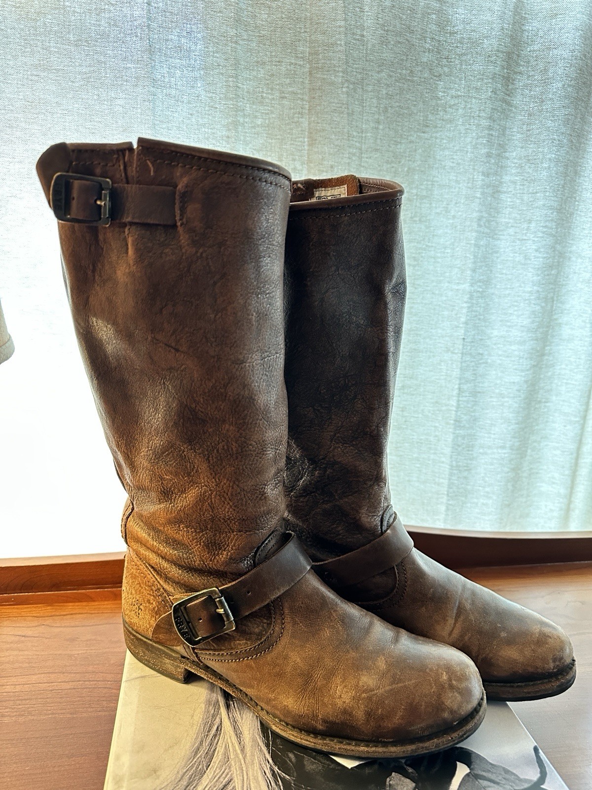 FRYE Veronica Tall Slouch Brown Leather Moto Boots Buckles Women’s US 9