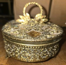Gold Tone Ornate Footed Trinket Box W/Glass Insert