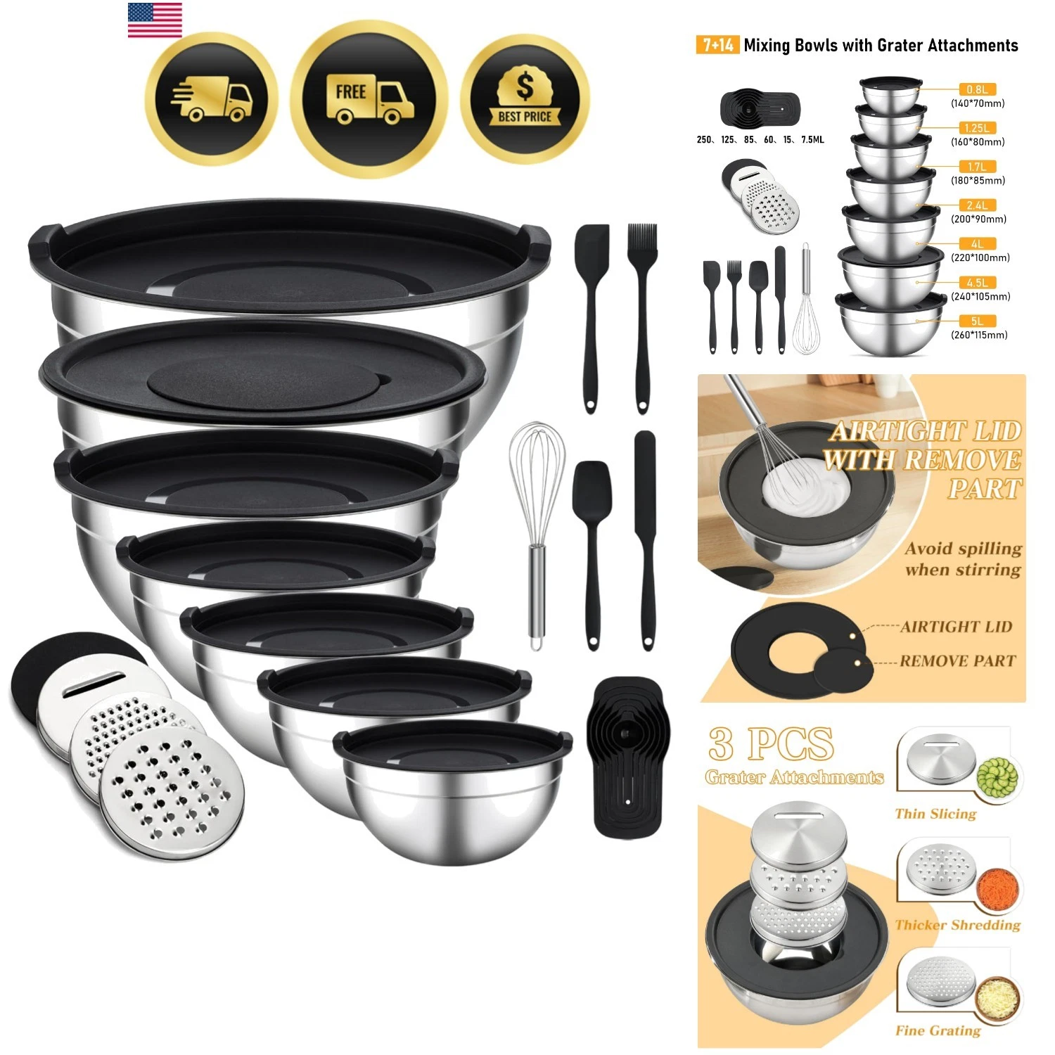 Mixing Bowls with Lids Set - 16 Pcs Stainless Steel Nesting Mixing Bowls with...