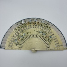 Hand Painted Spanish Folding Fan Signed Raser Floral Wood 8.5  Vintage