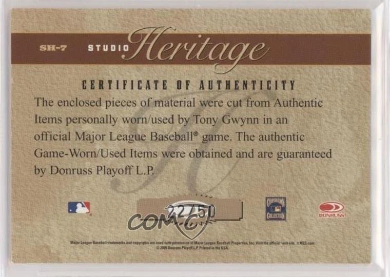 2005 Donruss Studio Heritage Combo Materials /50 Tony Gwynn #SH-7 HOF - Image 2 of 2