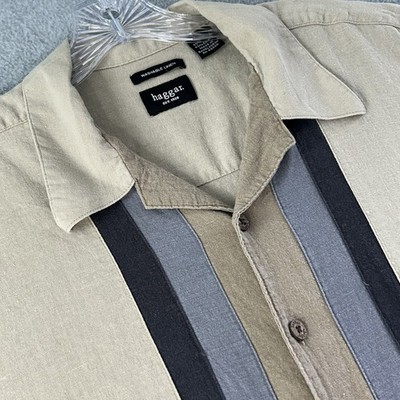 Haggar Washable Linen Shirt Mens XL Tan Blue Square Hem Button Up Short Sleeve