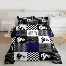 Motocross Dirt Bike Comforter Set Twin for Kids Boys Men, Blue Grey Black
