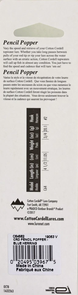 (LOTE DE 3) POPPER LÁPIZ CORDELL ALGODÓN 4.5" 3/4OZ C64562 ARENQUE AZUL BM2108 Foto 2 de 2