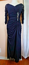 Adrianna Papell 4 Maxi Evening Gown Ruch Formal Dress Midnight Blue Crystals New
