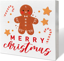 Merry Christmas Wooden Box Sign, Holiday Tabletop Decor - Gingerbread Xmas Decor