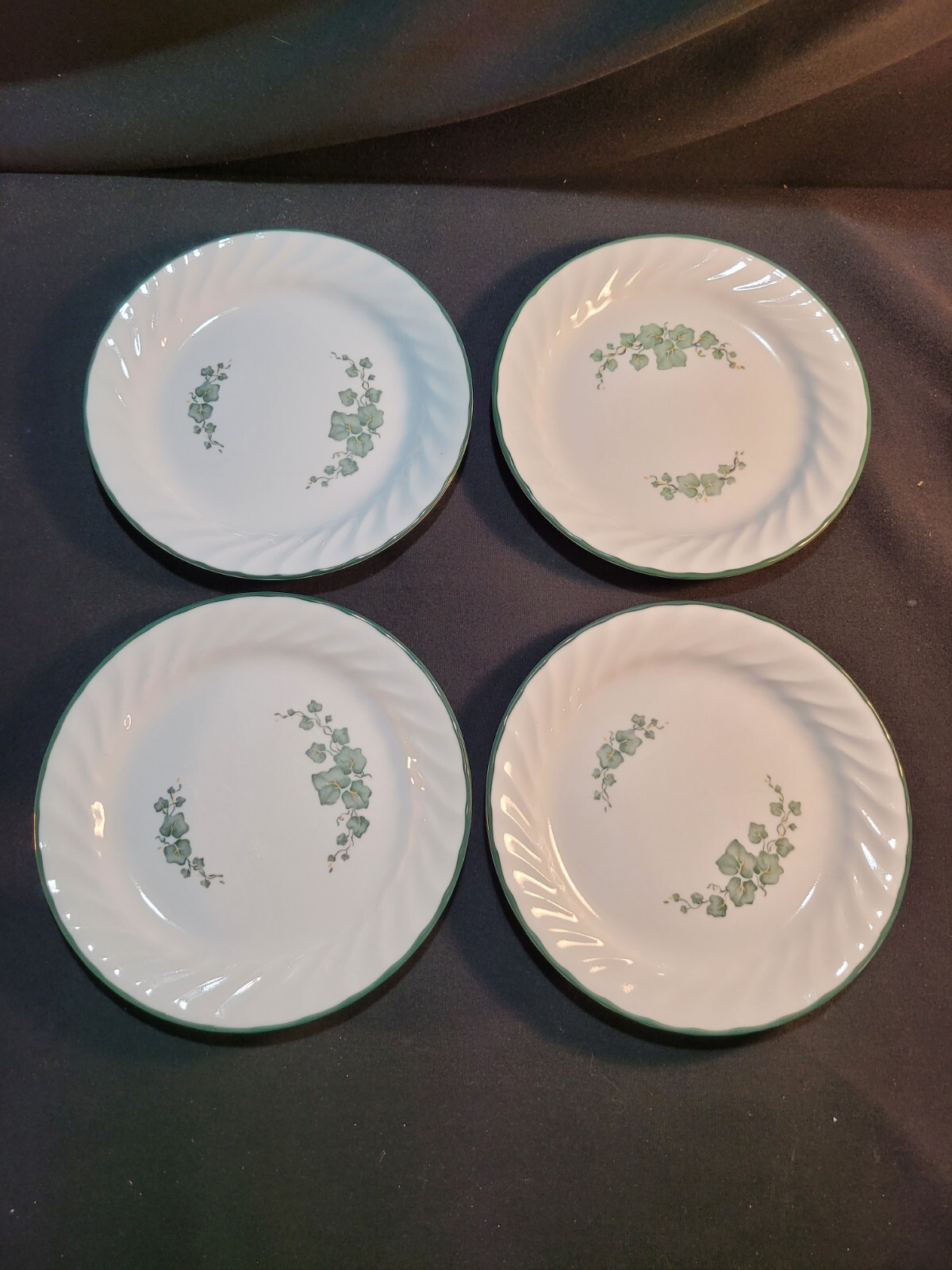 4 Corelle Bread Plates CALLAWAY IVY Scalloped Swirl Edge Green Rim 7 1/