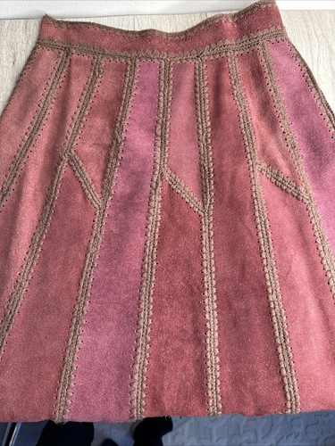Vintage Suede Patchwork A-Line Midi Skirt Boho Hippie Festival XS Small Wine - Picture 12 of 12