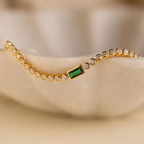 Emerald Lab Created Emerald Diamond Women Tennis Bracelet 14K Yellow Gold Plated - Picture 1 of 10