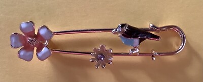 EASTER SPRING FLOWER & BIRD BROOCH PIN -- Enamel / Gold-tone Alloy