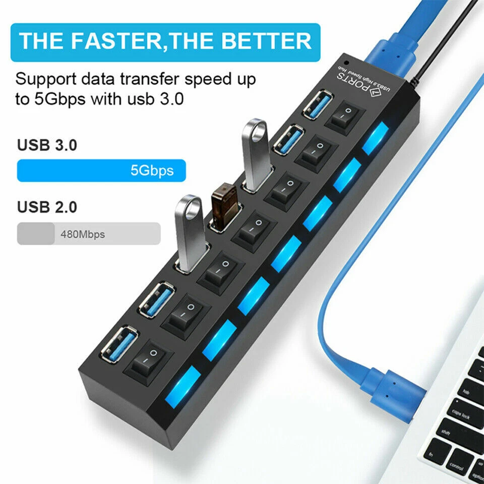USB 3.0 Hub 7 Port On/Off Switch High Speed Splitter AC Adapter Cable PC Laptop - Image 2 of 4