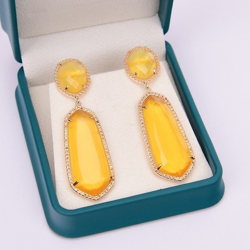 Natural Yellow Cat Eye Dangle Gold Plated Stud Earrings Geometric Gems Earring - Picture 4 of 10