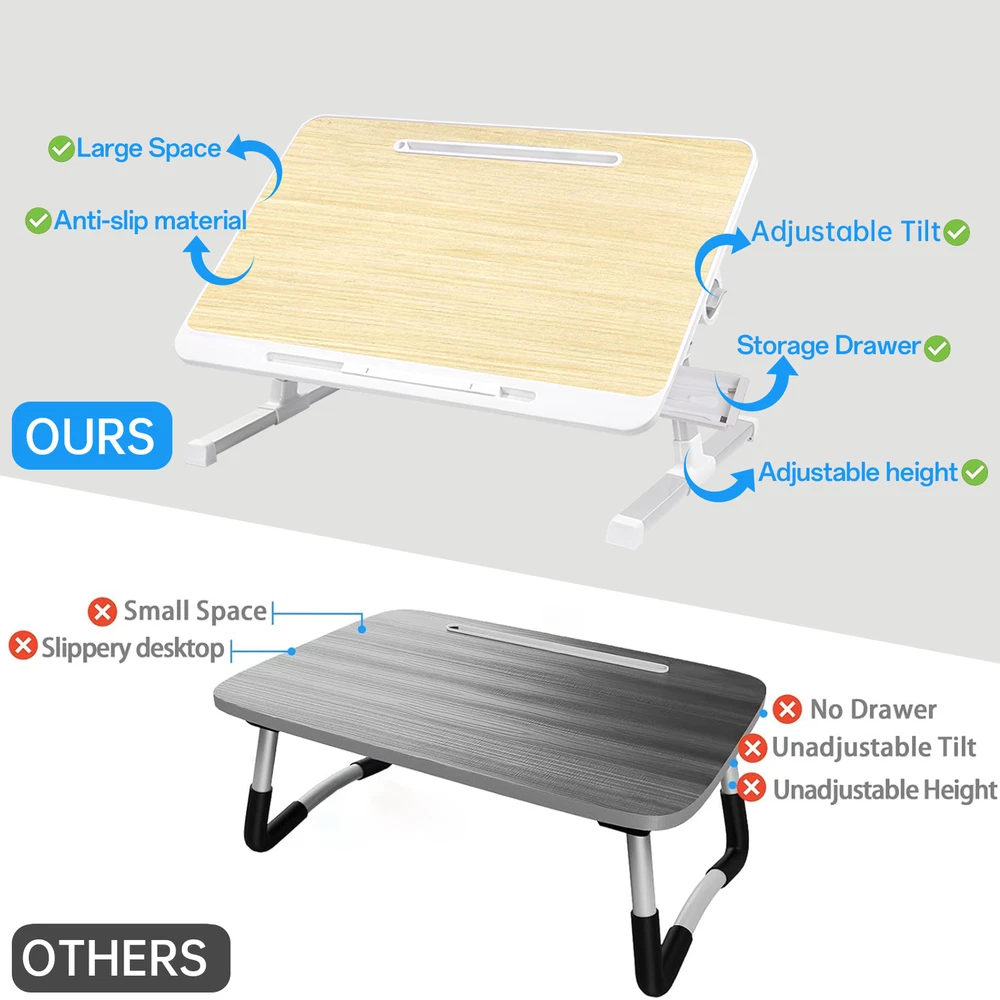 Adjustable Folding Laptop Stand For Bed With Non-Slip Tray And Storage Drawer  