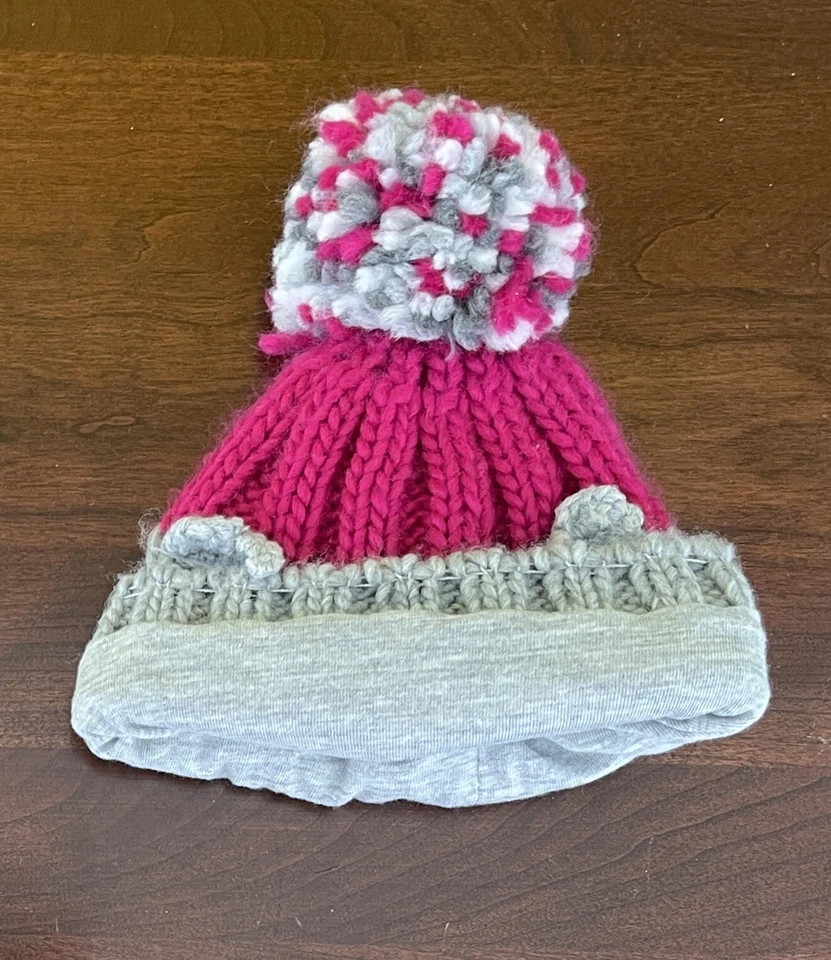 Carters Baby Girls Lined Cozy Soft Cute Owl Knit Pom Pom Hat Pink Gray 0-3 M - Image 3 of 4