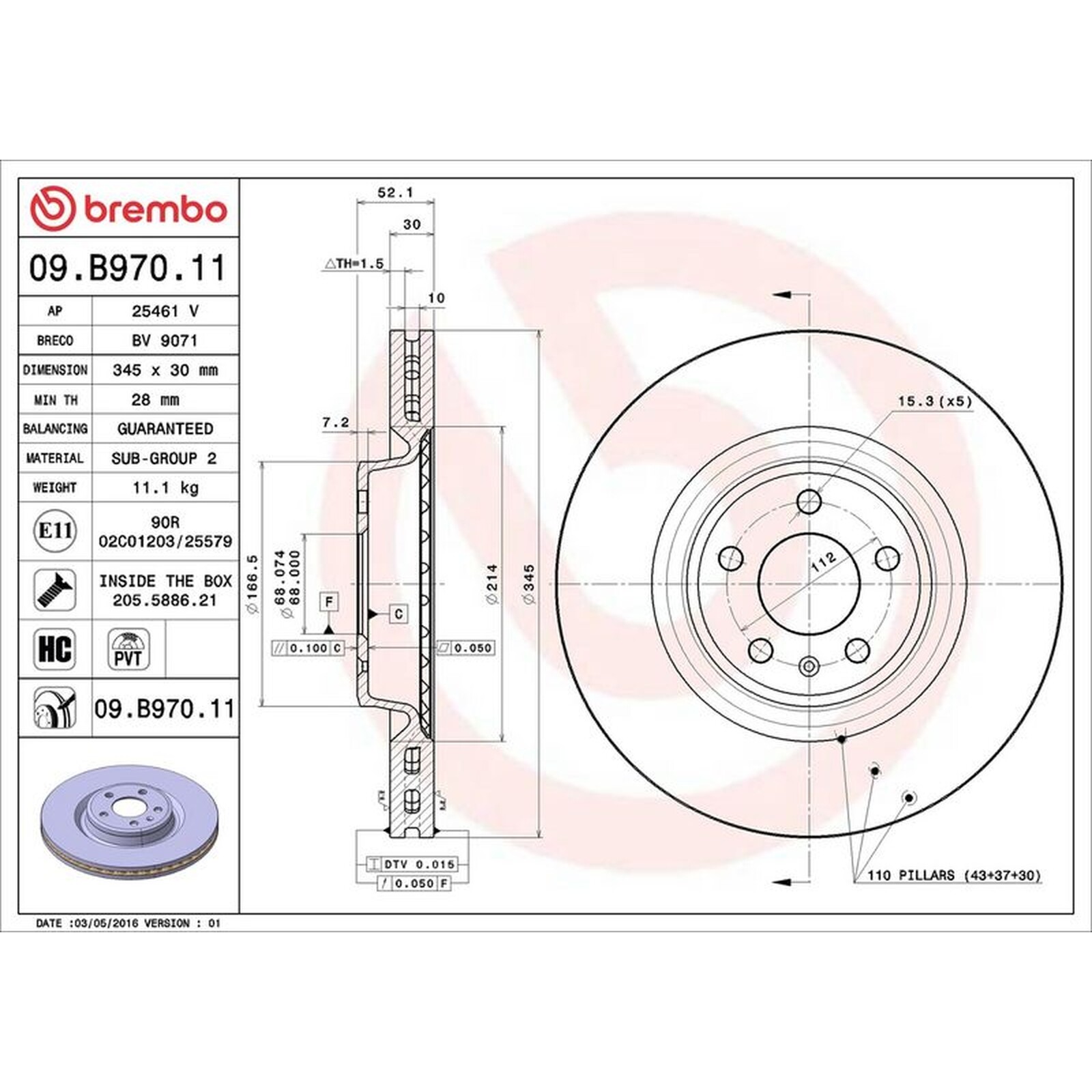 Brembo Prime Line UV Coated Vented Brake Disc 09.B970.11 - High Quality