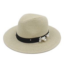 Women's Panama Hat Fedoras Caps Summer Beach Sun Hat UV Protection Beads Ribbon