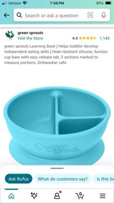 Green Sprouts Silicone Learning Bowl - Turquoise. 2 avail.  Toddler. Suction