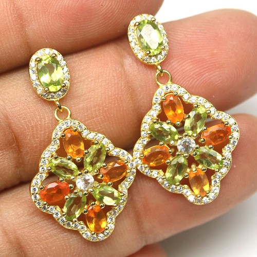 Gemstone Green Peridot, Fire Opal & Zircon Earrings 925 Silver 18K Gold - Picture 2 of 4