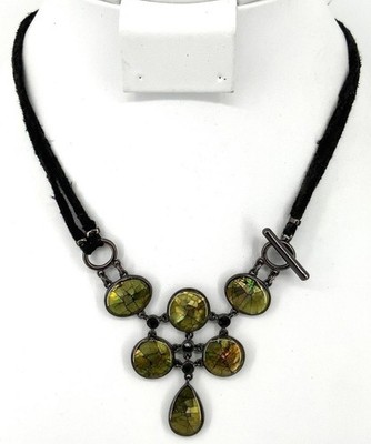 Vintage Green Faux Abalone Shell Art Deco Style Gunmetal Toggle Cord Necklace