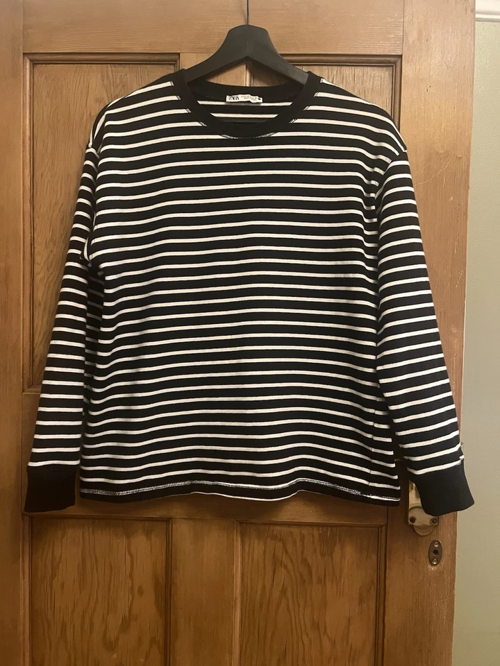 Zara Women's Black & White Stripe Top Size Medium Long Sleeve 100% Cotton - Image 2 of 4