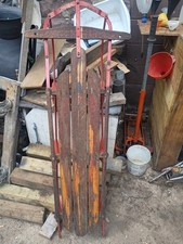 Vintage Wood Sled with Red Metal Frame/Runners, Brown Red, 1-Piece