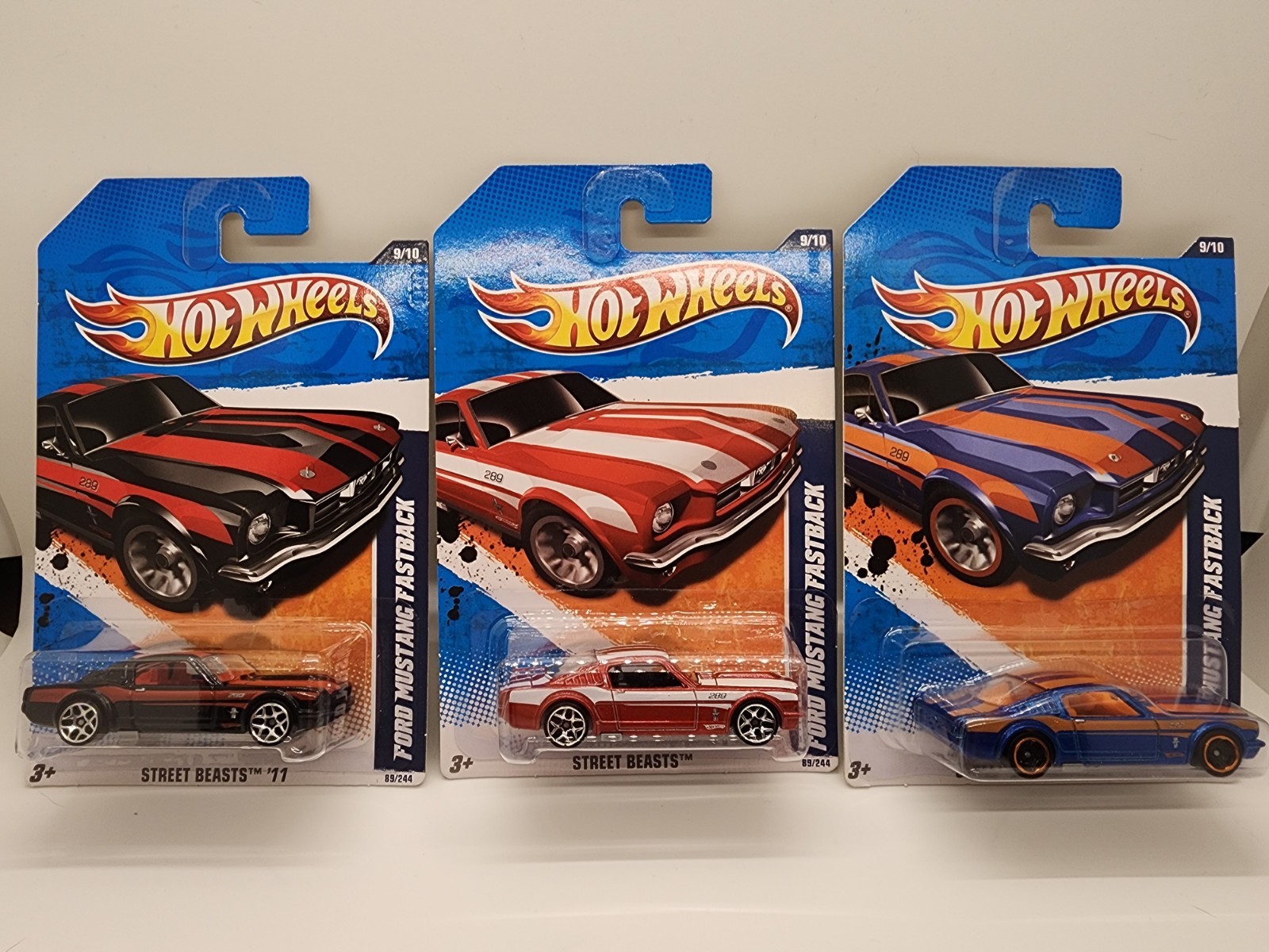 2011 Hot Wheels - All 3 Colors - 1965 Ford Mustang Fastback, Lot Of 3 (B2)